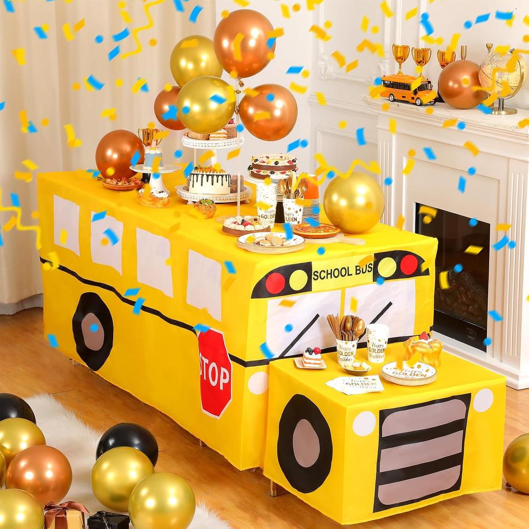 Oudain 2 Pcs School Bus Tablecloth First Day Back School Yellow Bus Party Table Cover Include 6ft and 2ft Tablecloth Theme Party Birthday Decoration Washable Fabric Polyester Rectangle Table Cover