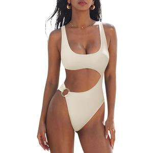 SUUKSESS Women Sexy One Piece Tummy Control Swimsuit Cutout Backless Bathing Suit (Beige White, XL)