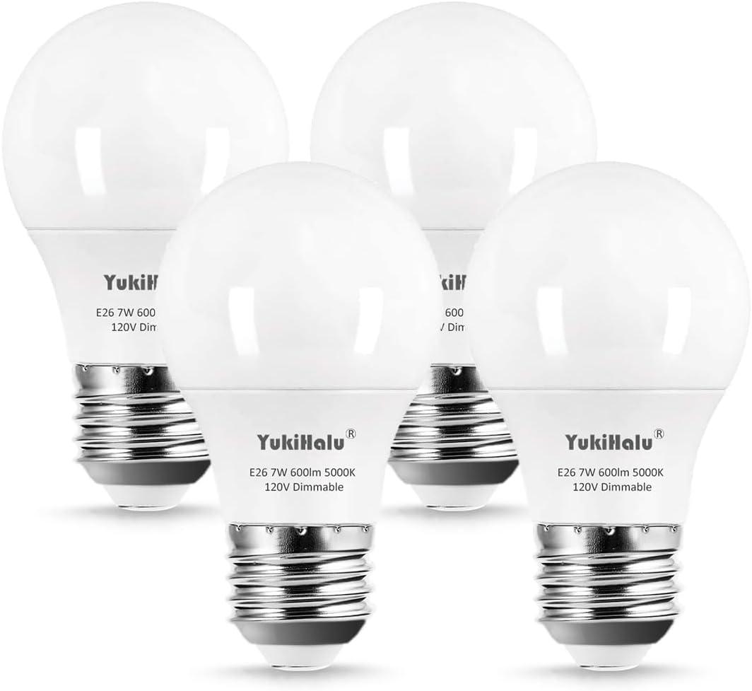 YukiHalu Dimmable A15 LED Light Bulbs, 60W Equivalent, 3000K-5000K White, E26 Base, 7W 600 Lumens 120V, Ceiling Fan Light Bulbs, Appliance Bulb, Pack of 4(5000K Daylight White)