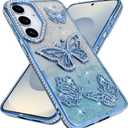 BITOBE Designed for Samsung Galaxy S24 / S25, Cute 3D Butterflies Case Slim Plating Glitter Bling Luxury Rhinestone Cover for Women Girls Protective Camera Protection Bumper 6.2" Blue