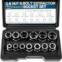 Bolt Extractor Kit, 14Pcs Cr-Mo Steel Bolt Extractor Set, 3/8" Drive Impact Bolt & Nut Remover Socket Tool Kit, Stripped For Damaged, Frozen, Studs, Rusted, Rounded-Off Bolts, Nuts & Screws