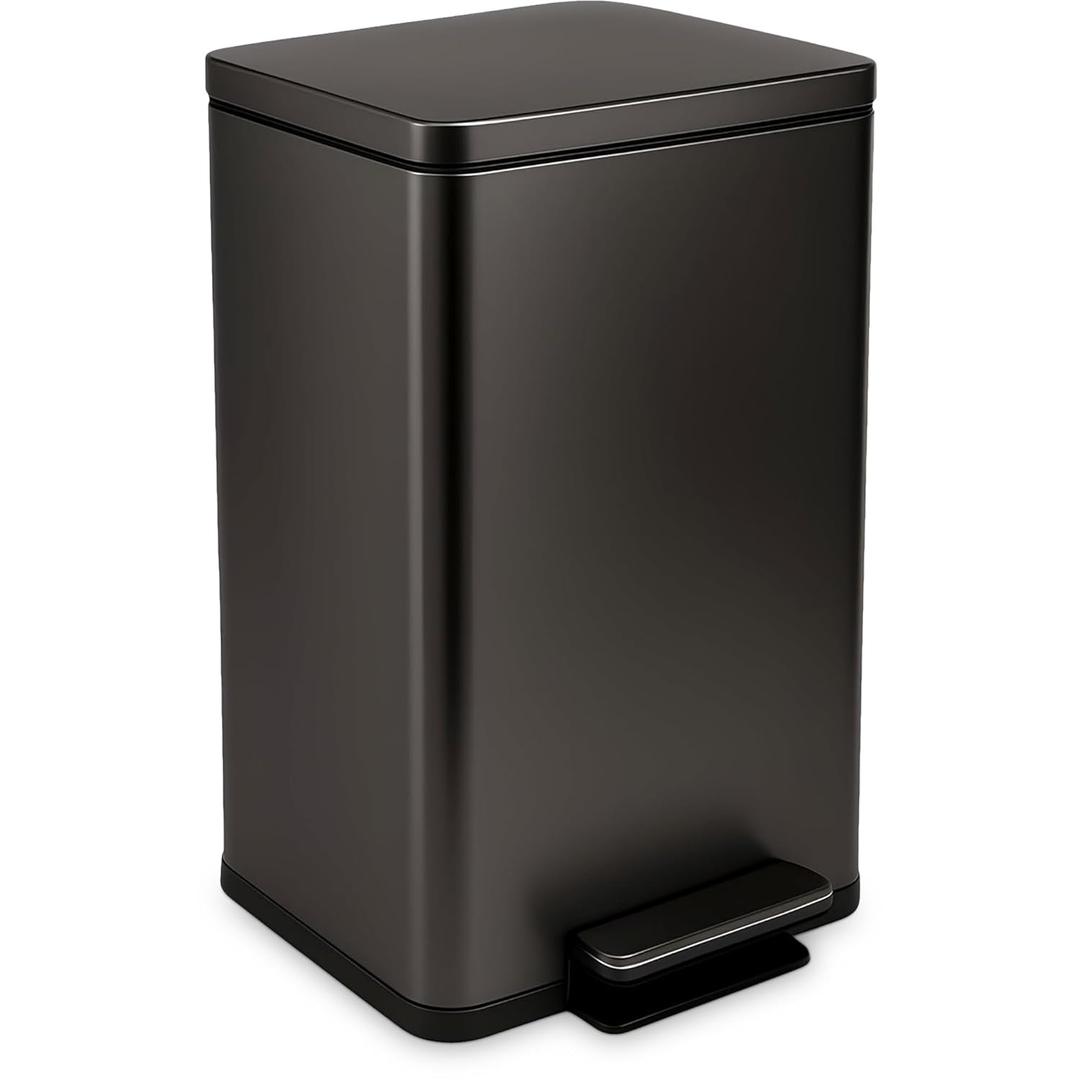 Simpli-Magic 13.2 Gallon (50L) Step Trash Can Kitchen Garbage Can with Slow-Close Lid Odor Control, Hands-Free, Easy to Clean, Brushed Stainless Steel (Large, Black Metal)