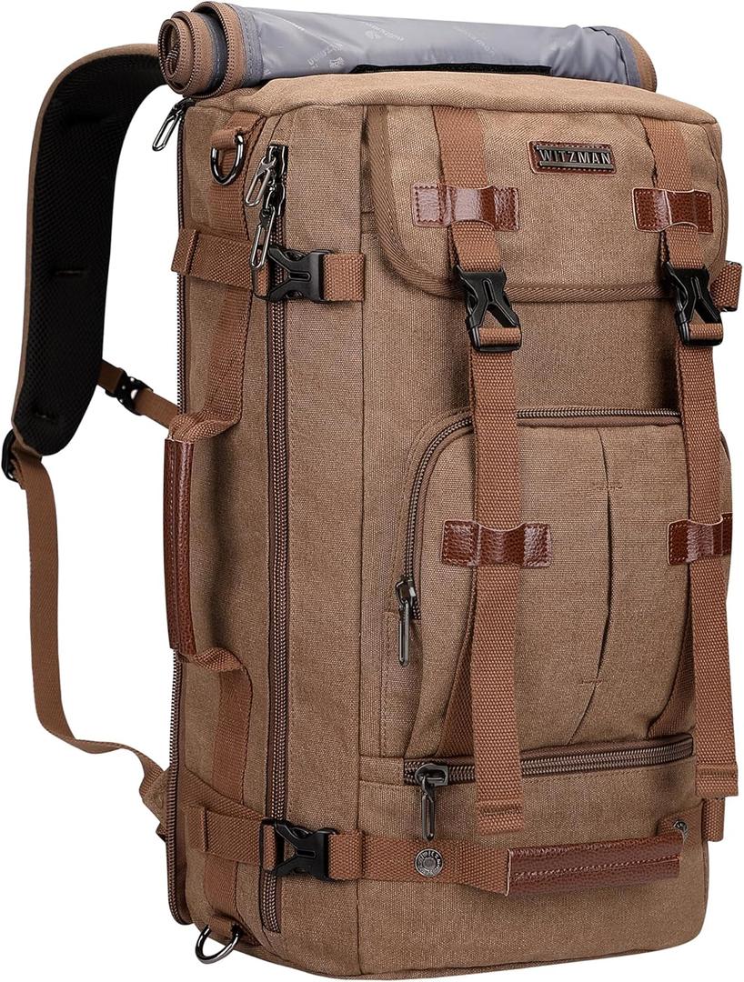 WITZMAN Canvas Backpack Vintage Travel Backpack Large Laptop Bags Convertible Shoulder Rucksack(A519-1 Brown)