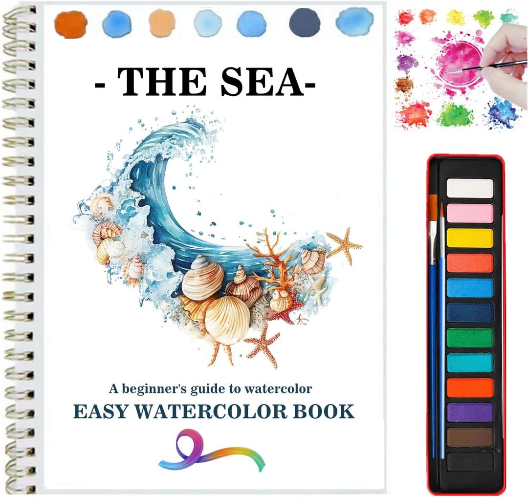 Watercolor Workbooks with 12 Illustractions Beginner Friendly Coloring Book Painting Kit Easy Nature Scenes Paint Set for Creative Exploration Gift for Adults (Seaside, with Palette)