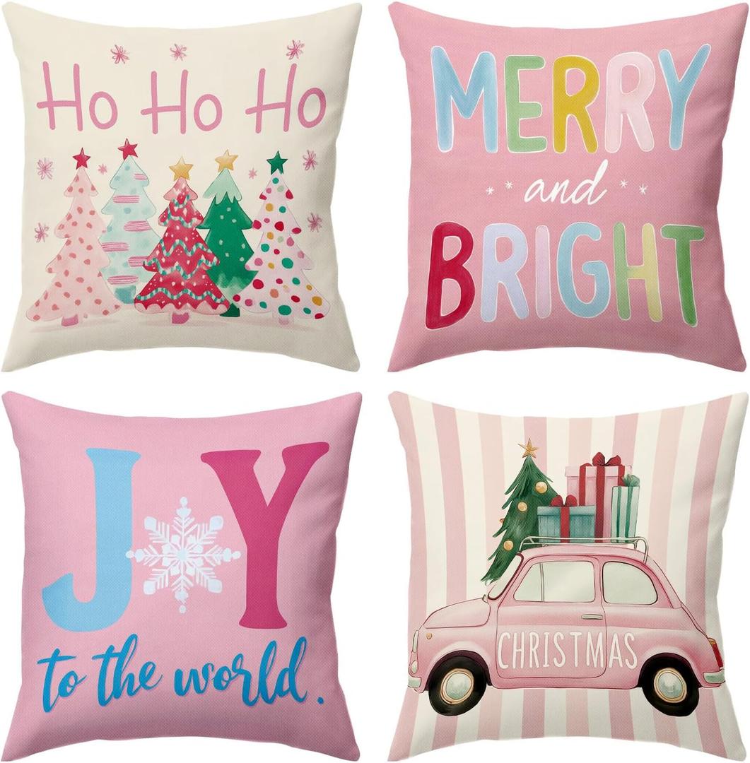 BBOLDIN Pink Christmas Throw Pillow Covers 18x18 Couch Cushion Covers, Holiday Tree Decorations for Sofa Home, Xmas Country Striped Car Farmhouse Pillow Cases Winter Decor Set of 4