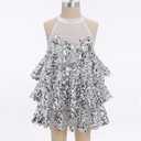 AFAVOM Girls Sequin Dance Outfit Sparkly Latin Hip Hop Jazz Dance Outfit Halter Mesh Ruffle Dress Top and Shorts Dancewear (Silver)