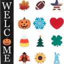 Interchangeable Welcome Sign for Front Porch- 45"X9" Large Standing/Hanging Wooden Sign with 12 PCS Replaceable Icons for 4th of July Fall Halloween Porch Wall Yard Decorations, (Black)