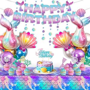 Winrayk Purple Mermaid Party Decorations Birthday Supplies for Girls, Large Foil Balloon with Birthday Banner/ Shell Garland/ Tablecloth/ Metallic Balloon/ Cake Topper, Little Mermaid Party Decoration