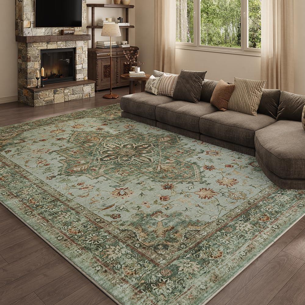 9x12 Green Washable Area Rug for Living Room, Vintage Print