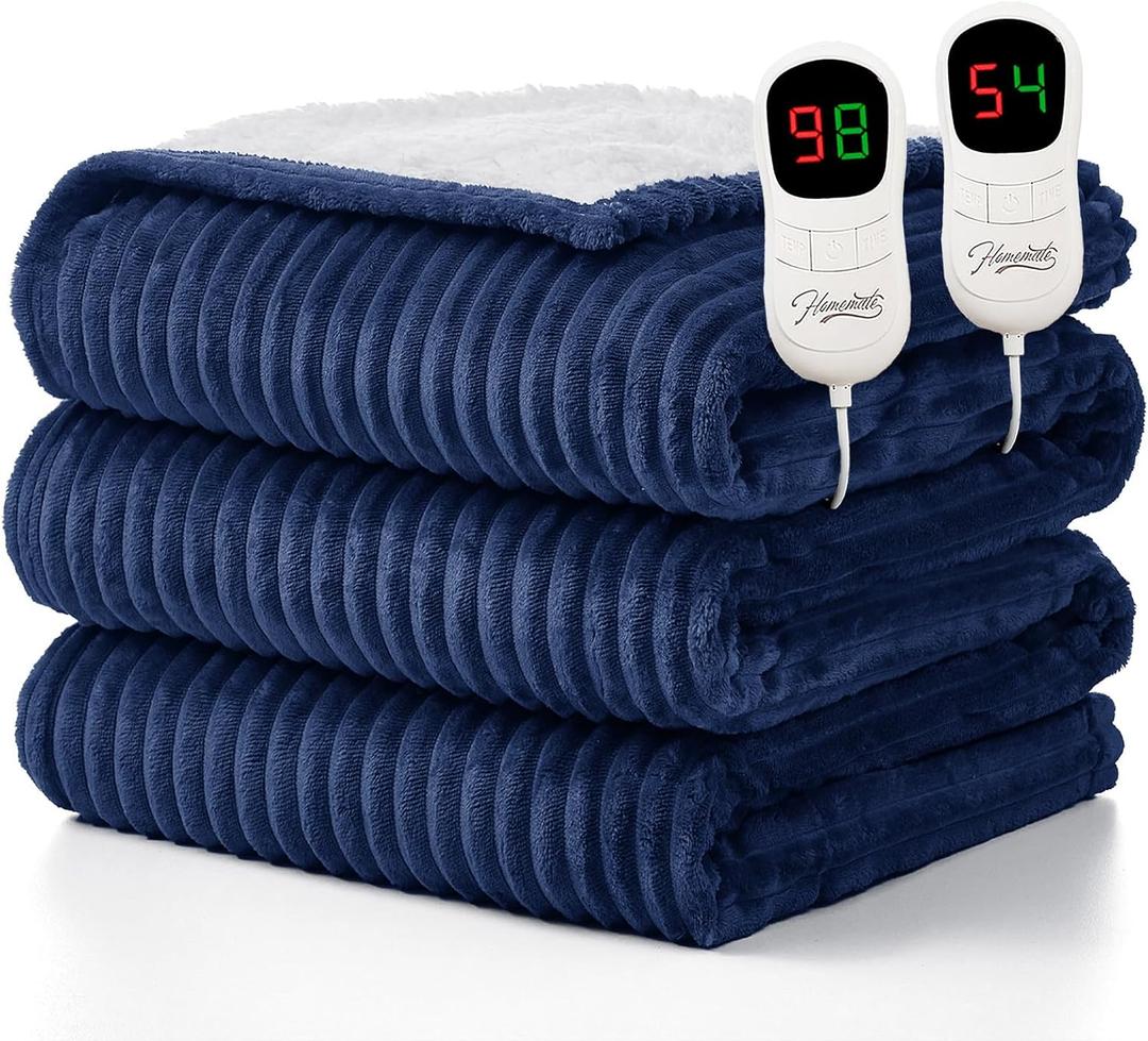 Homemate Electric Heated Blanket King Size - 100"x90" Heating Blanket King Size Dual Control 1/2/4/6/8 Hours Auto-Off 10 Heat Level Over-Heat Protection Soft Flannel Sherpa, Blue, Striped