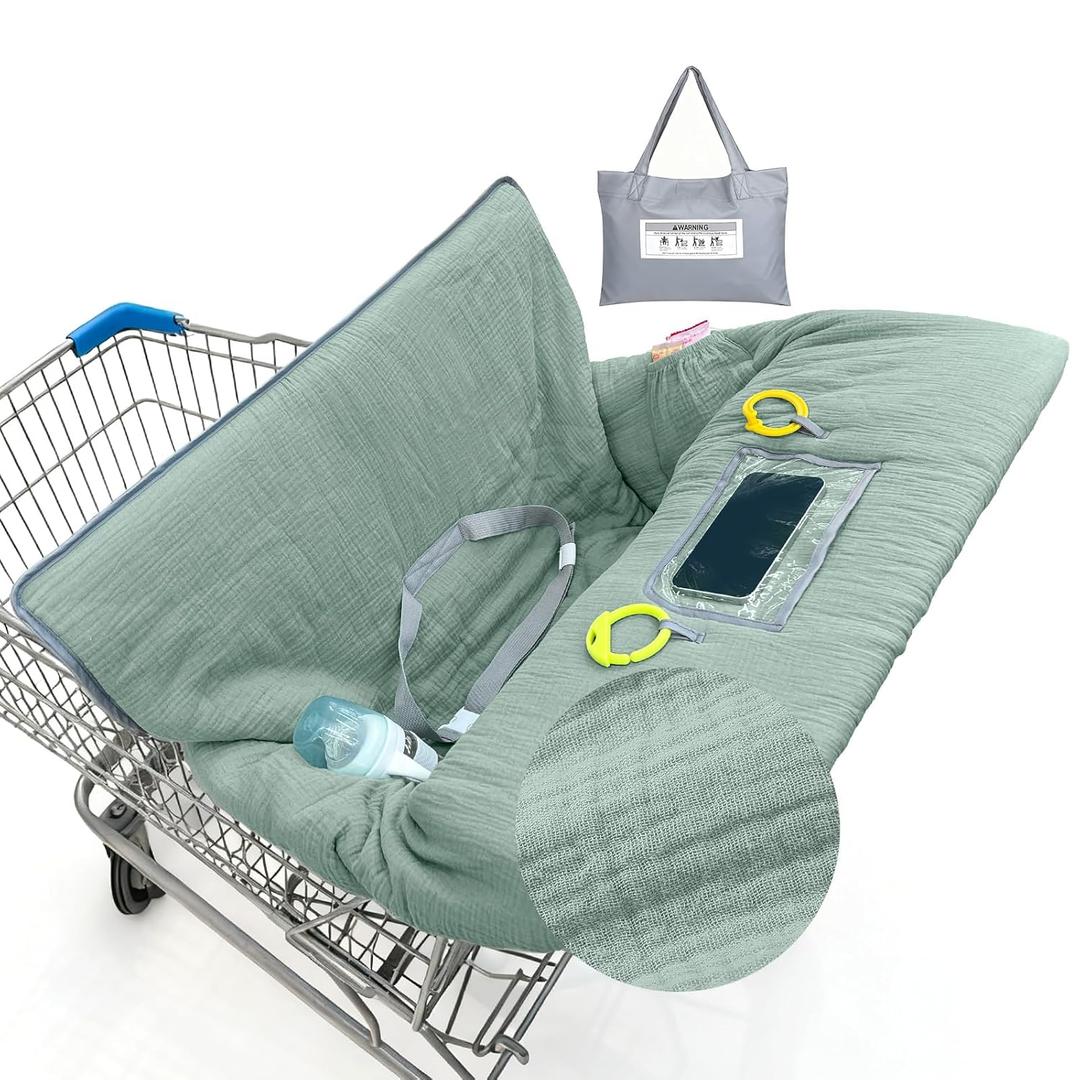 Muslin Shopping Cart Cover for Baby Soft & Breathable High Chair Covers for Restaurant Seat Grocery Cart Cover with Storage Pocket Machine Washable for Infant Toddler Boy Girl, Sage Green