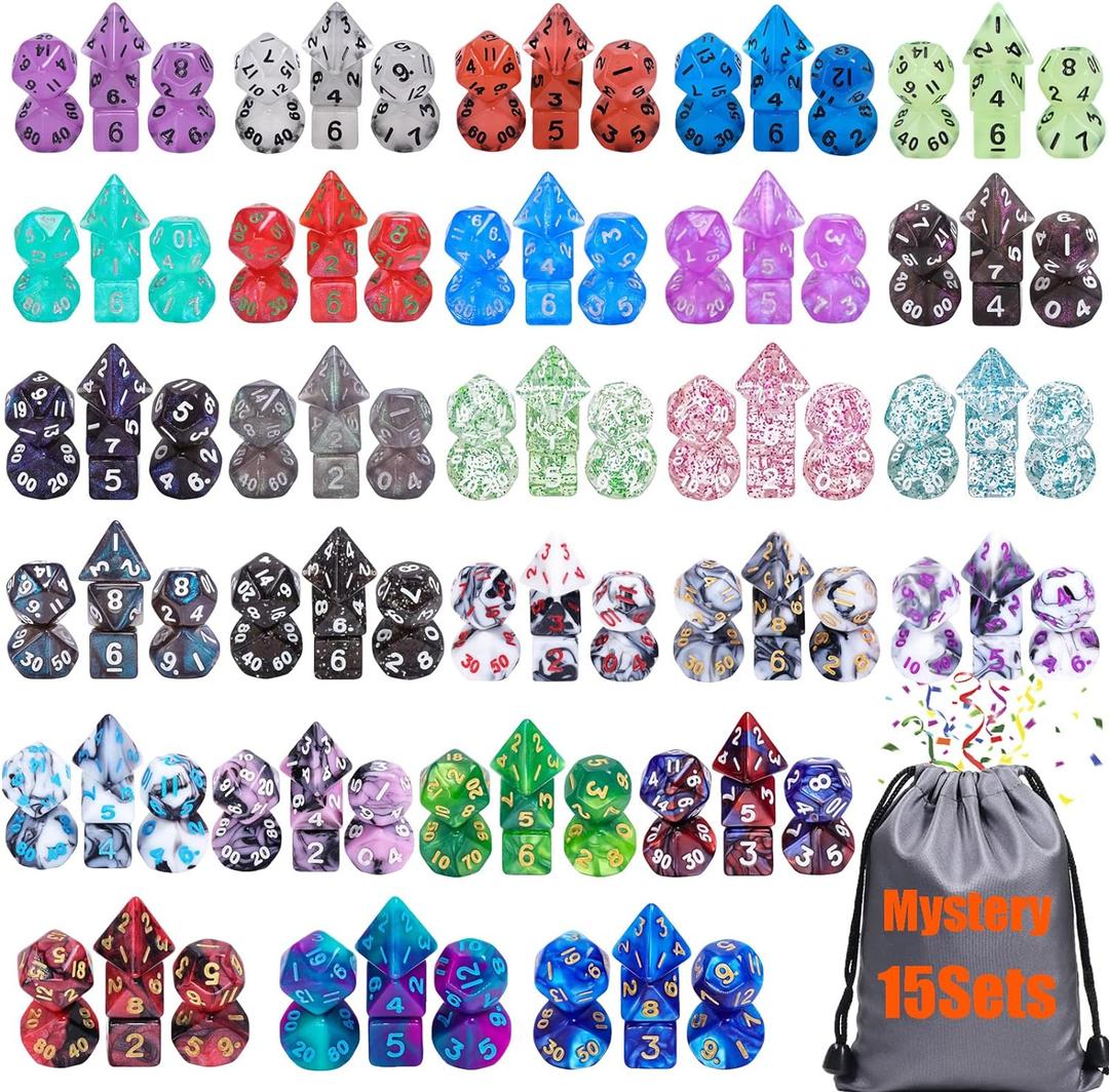 15 Sets Random Assortment Polyhedral RPG Mini Dice (105pcs),Surprise Mystery Mini Dice Set,10mm Mini DND Magic The Gathering Dice Set for MTG,RPG,D&D Dungeons and Dragons Role Playing Game