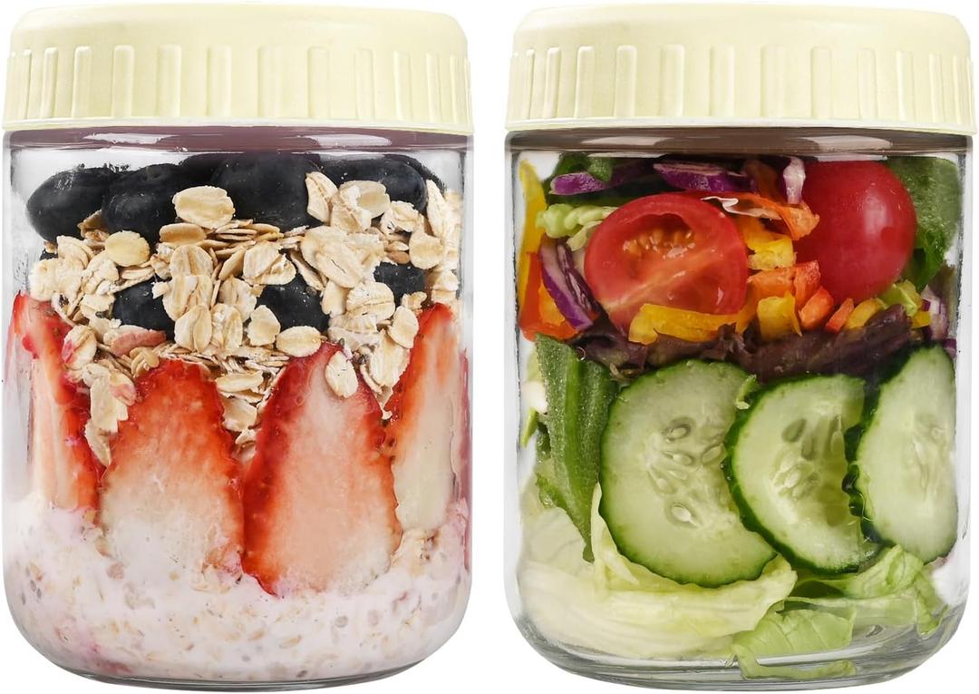 SHOWIN Overnight Oats Containers with Lids, 16oz Glass Jars with Lids 2 pcs, Milk White, Wide Mouth Mason jars for Salad, Yogurt, Snacks, Meal Prep
