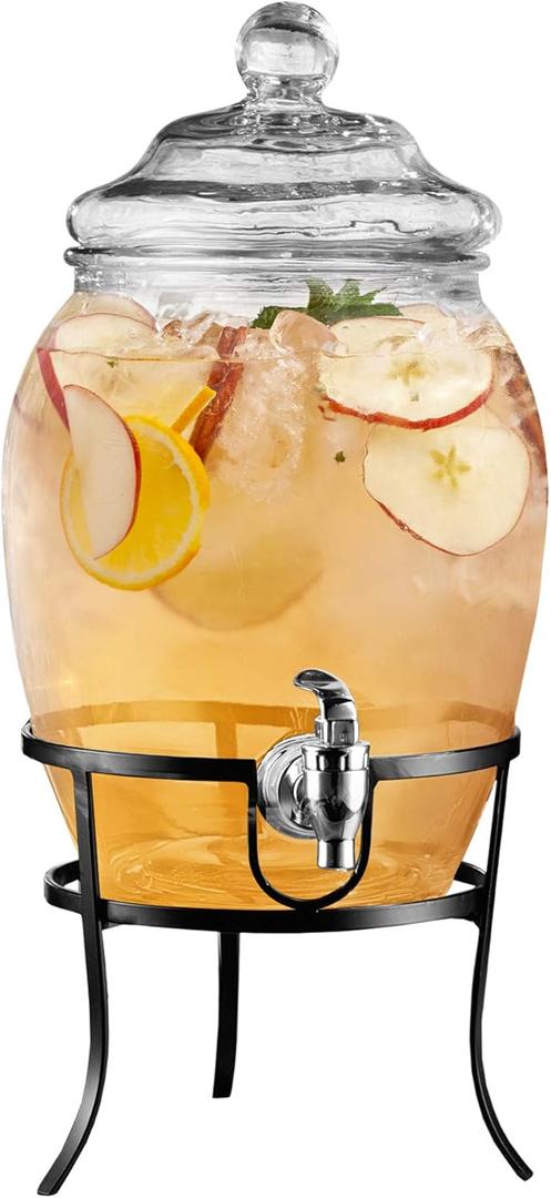 Style Setter Beverage Dispenser Cold Drink Dispenser w/ 2-Gallon Capacity Glass Jug, Metal Stand & Leak-Proof Acrylic Spigot, Glass Lid, Great for Parties, Weddings & More