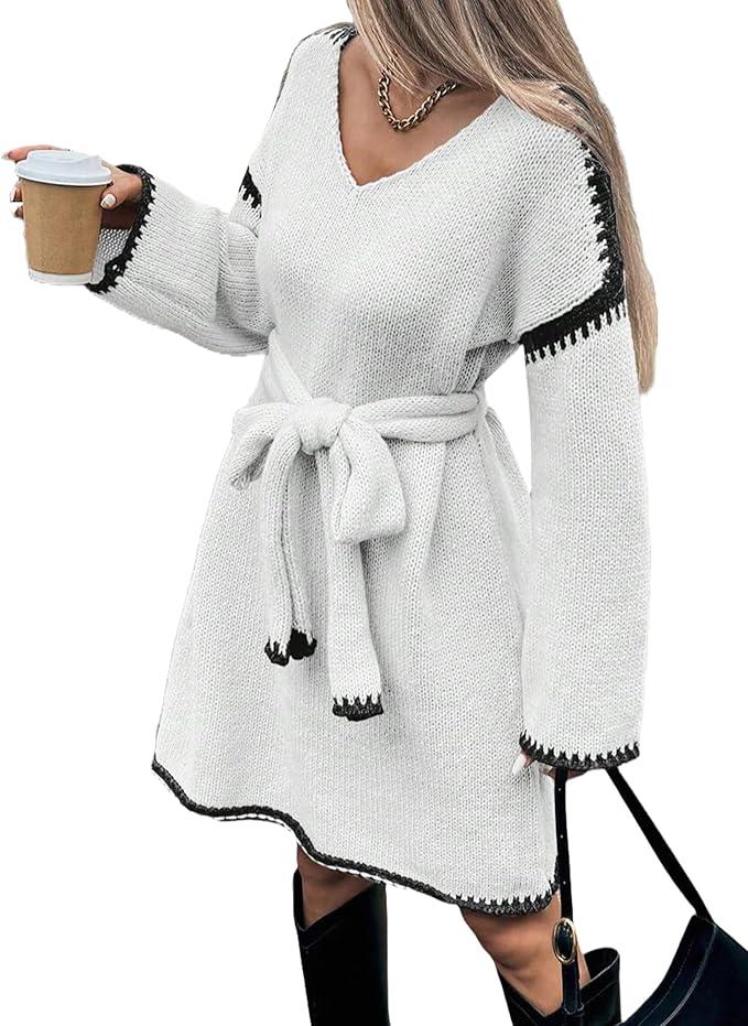 Womens Color Block Sweater Dress with Belt, Rolled Hem, Long Sleeve, V Neck, Knee Length, A Line, Oversized Knit Dress Fall, S