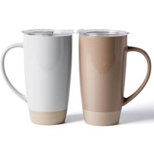 famiware Milkyway Coffee Mugs, 20oz Large Coffee Mug, Ceramic Mug Set of 2 with Lid, Cup Set with Handle for Latte, Tea, Cocoa, Milk, Home & Office, Cinnamon Brown and Light Gray
