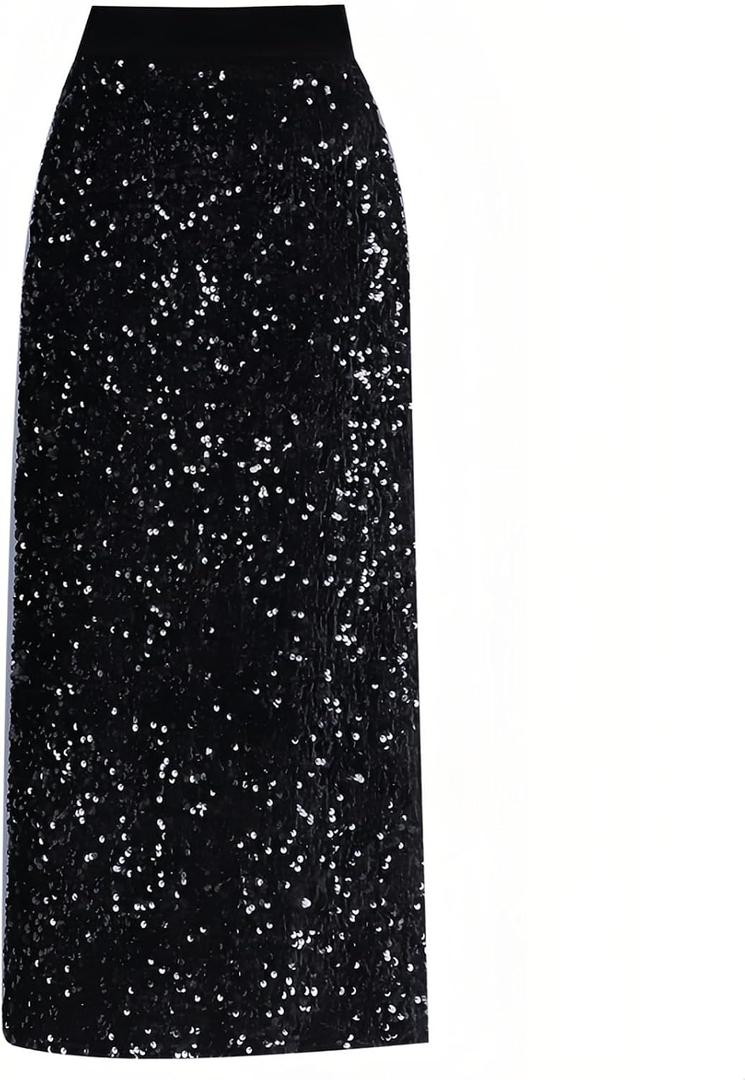 Women's Sequin Skirt - Elegant Elastic High Waist Glitter Pencil Maxi Skirts Shimmer Cocktail Party Sparkly Skirt Small