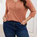 ZDC Women's Plus Size Tops 3/4 Sleeve V Neck T Shirts Button Down Basic Tunic (Orange, XL)