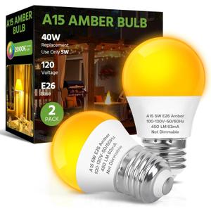 LED Amber Light Bulbs, 40W Equivalent A15 LED Bulb, 5W Energy Saving Yellow Bulbs, E26 Base, 2000K Amber Light for Porch, Patio, Bedroom, Nursery, Sleep, Non-Dimmable, 2 Packs