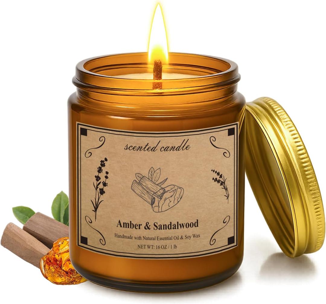 Scented Candles, 16oz Large Jar Soy Wax Candle  Amber & Sandalwood with Premium Plant Wax Blend for Consistent Burn, Aromatherapy Candle for Home Scented, Relaxation and Gift for Women/Men