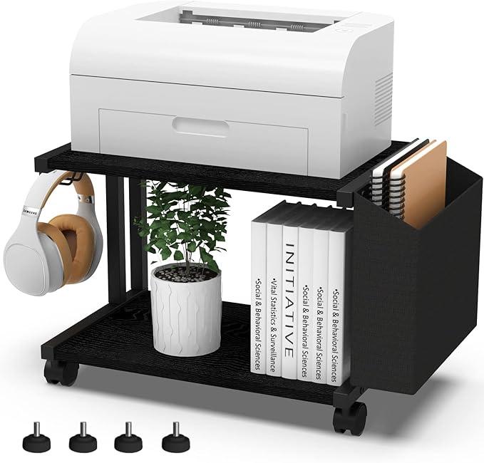 VEDECASA 2 Tier Black Printer Stand with Storage Bag for Home Office Desktop Printer Table Underdesk Organizer Mobile Printer Shelf with Caster Wheel (Black)