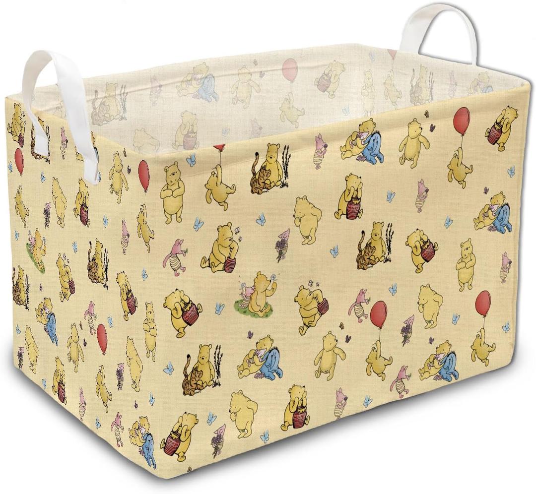 Winnie Nursery Hampers with Handles, the Pooh Nursery Storage Basket, Classic Winnie Baby Nursery Hamper Decor, Foldable and Waterproof Canvas Organizers for Toys Clothes Bedroom Bathroom