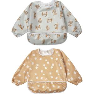 Little Dimsum Baby Bib with Pocket Waterproof Toddler Bibs Infant Feeding Bibs for Boys and Girls, Pack of 2 Colors, 6-36M