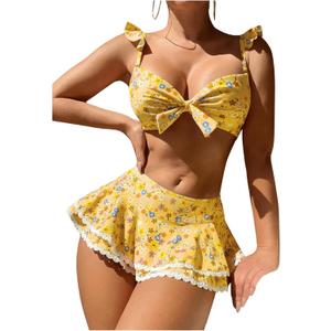Women's 2 Piece Ruffle Bikini Sets Floral Tummy Control Skort Swimsuit Bathing Suit Beachwear (Medium, Yellow)