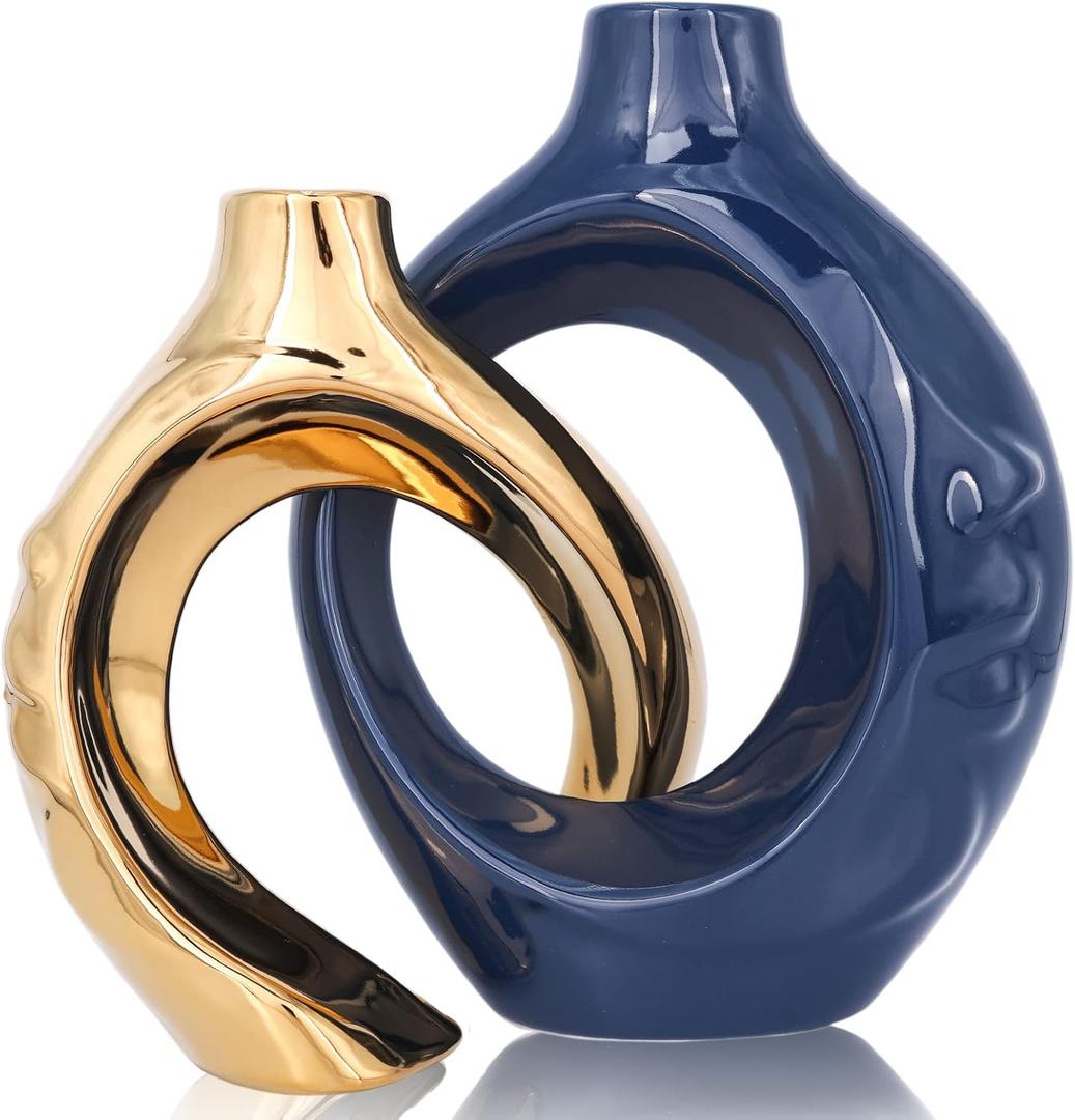Navy Blue Home Decor Ceramic Vase, Navy Blue Gold Round Vase with Holes Set of 2, Suitable for Wedding Entrance Decoration, Bookshelf, Mantel, Unique Home Decor (Blue Gold)