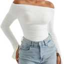 OMKAGI Women Long Sleeve Tops Boat Neck Off Shoulder Shirts Fitted Going Out Y2K Crop Top, XS