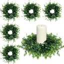 Mini Green Boxwood Candle Rings Wreaths Spring Summer Kitchen Cabinet Swags Wreath 3 Inch Wedding Rings Wreaths Pillar Candle Holder for Wedding Home Door Tabletop Decor (6, Green Boxwood)