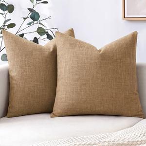 MIULEE Pack of 2 Brown Faux Linen Throw Pillow Covers Square Rustic Farmhouse Decorative Burlap Pillowcases Cushion Covers for Couch Bed Sofa Living Room 18x18 Inch