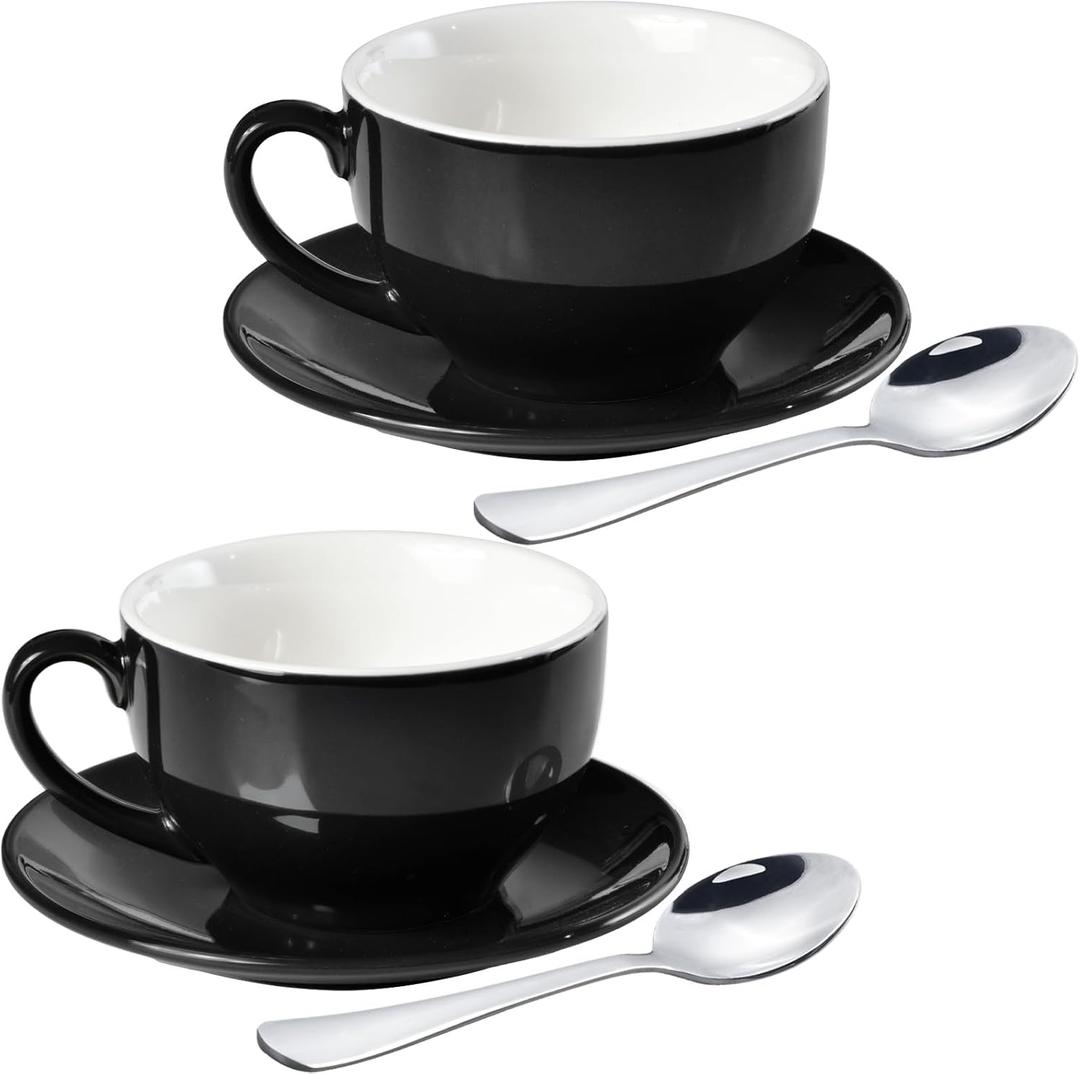 Porcelain Coffee Cup with Saucer 220ml/7.3oz for Cappuccino, Latte, and Tea, Black, Set of 2