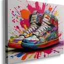 Framed Banksy Graffiti Sneaker Canvas Wall Art Colorful Shoes Decorations Pop Art Wall Decor For Kids Playroom Bedroom Living Room Artworks Ready To Hang (24L" x 16W")