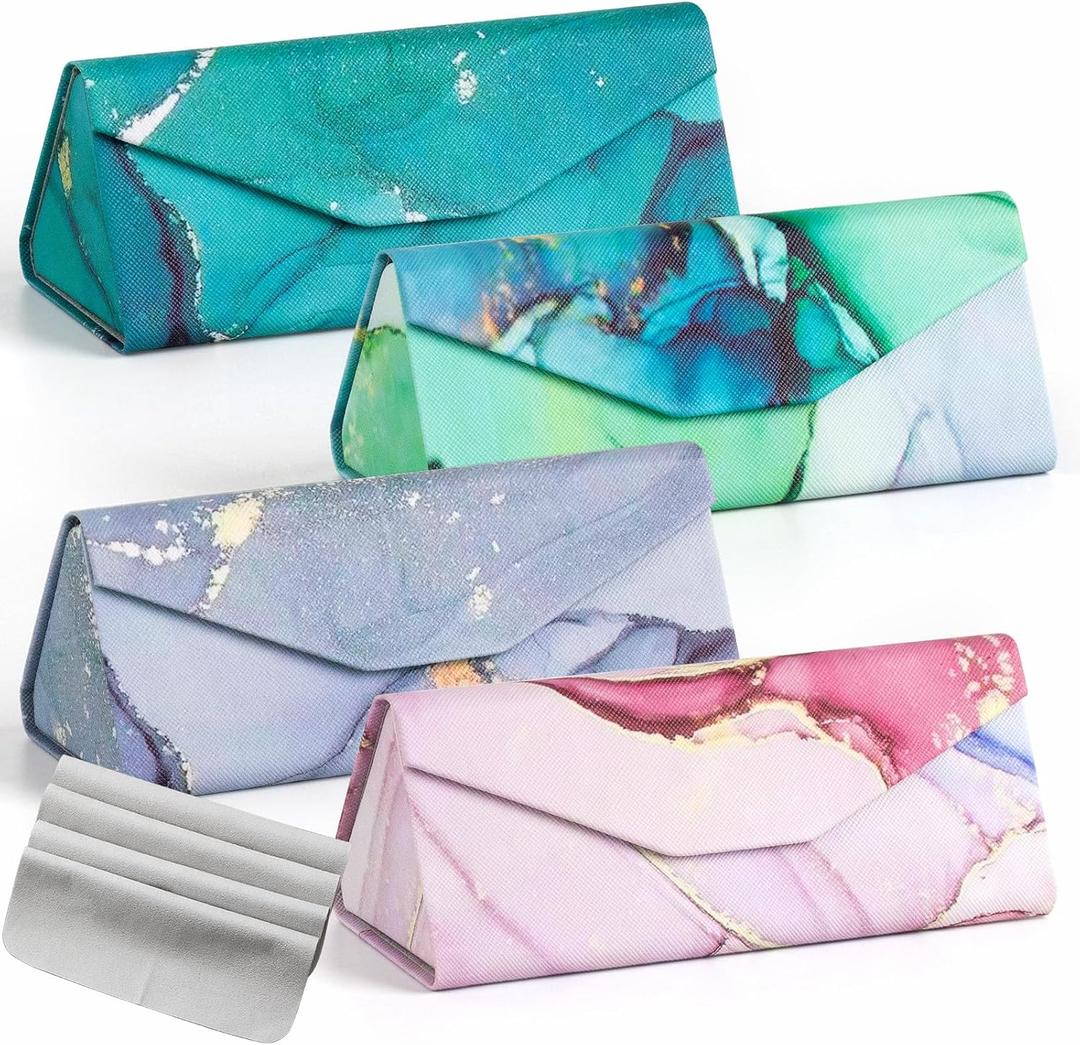 4 Packs Hard Shell Sunglasses Case, Magnetic Foldable Eyeglasses Cases, Portable PU Leather Glasses Case for Women Men Girls with 4 Cleaning Cloths