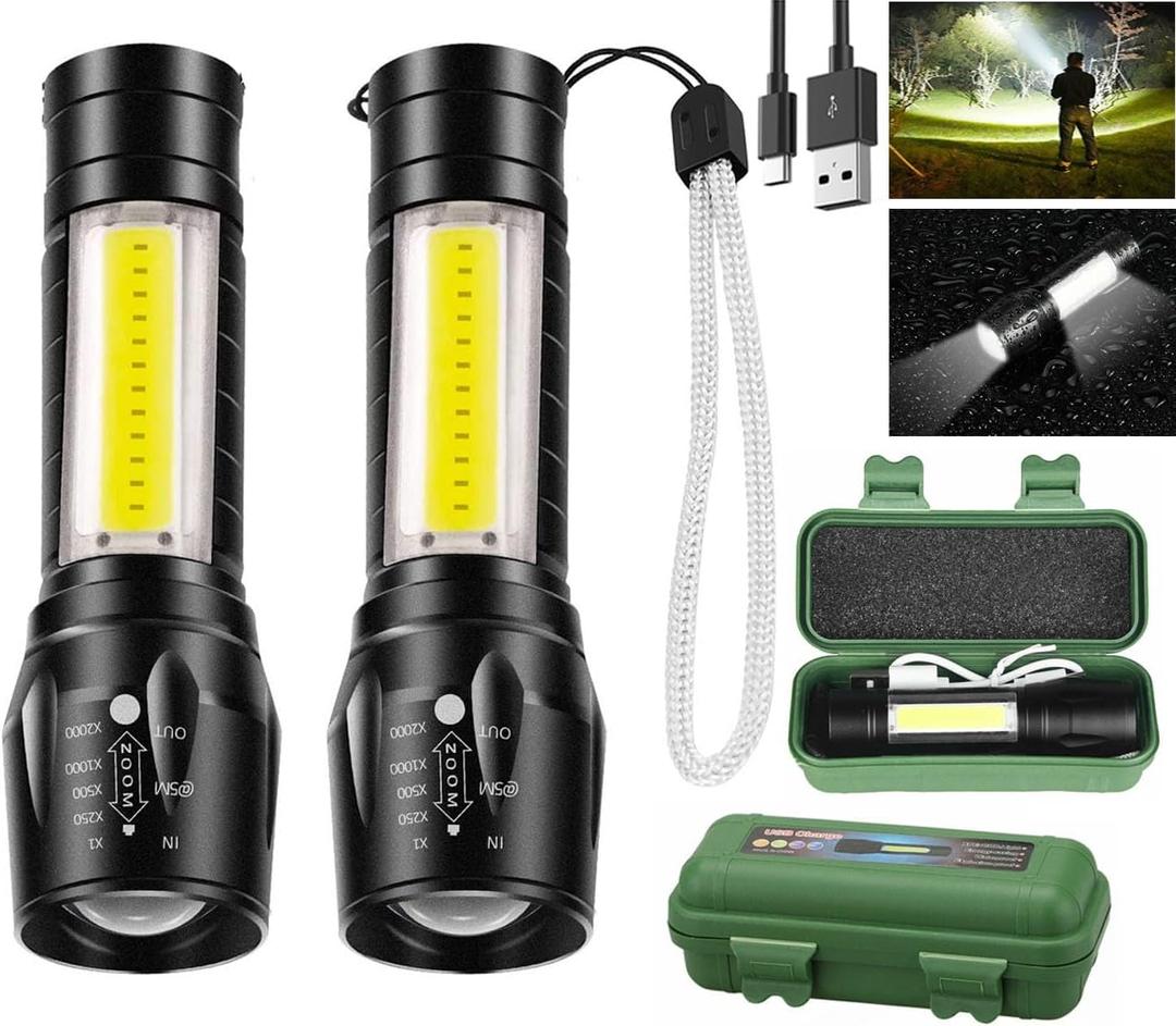 Wrrozz Led Flashlight Rechargeable USB Torch Mini Small Light Super Bright Handheld Tiny Portable Pocket Keychain Flash Light with COB Side Searchlight High Lumens Zoomable Emergency Camping 2 Pack