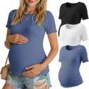 3 Pack Women's Maternity Ribbed Shirts Cotton Short Sleeve Pregnancy Tops Boat Neck Lettuce Trim Mama Clothes (XXL)