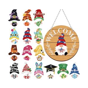31pcs Interchangeable DIY Gnome Welcome Sign Magnetic Diamond Art Painting Kit for Front Door, Detachable Hat Holiday Decor with Tools, Mother's Day Handmade Gift for Wall Door(Light Wood Color)