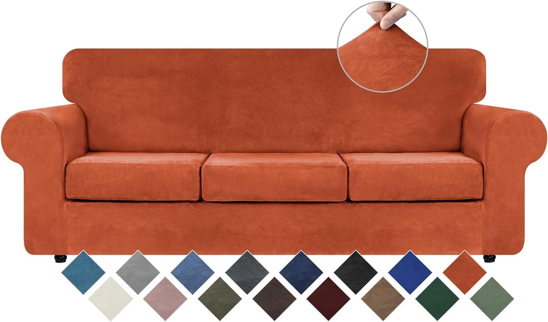 WEERRW 4 Pieces Velvet High Stretch Couch Covers for 3 Cushion Couch Sofa Slipcovers, Washable Furniture Protector with Non Slip Elastic Bottom, Feature Soft and Thick Plush Fabric, Pumpkin, Large