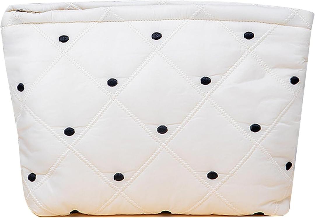 White Soft Makeup Bag, Make Up Brush Bag Pouch, Travel Cosmetic BagsCanvas Makeup Bag for Women and Girls(01White Dots)