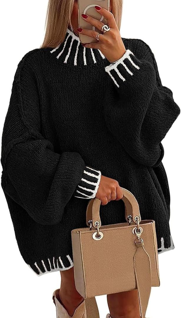 Womens Oversized Fall Sweater 2026, Chunky Knit Crewneck Long Sleeve Fuzzy Pullover Tops (Large, Blacktrim)