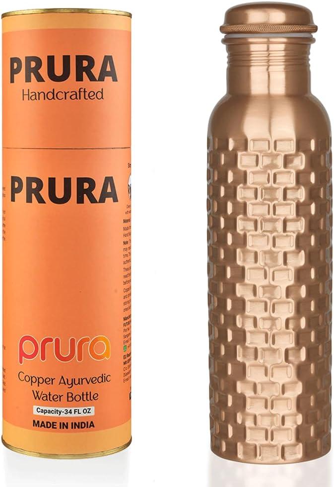 Handcrafted Pure Copper Drinking Water Bottle |Copper Water Bottle with Lid - Ayurvedic Water Bottle with Vessel - Drink More Water Bottle Bricks 32 oz (32.1 Ounces, Design 13)