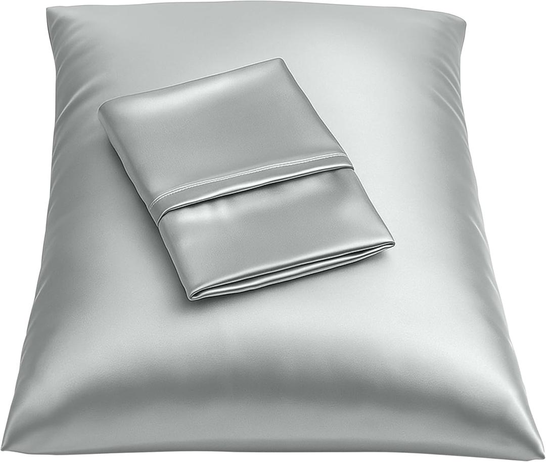 BLISSFORD Satin Pillowcase with Zipper, for Hair and Skin Care, Feels Soft and Cool Like a Silk Pillowcase, Satin Pillow Cases 2 Pack, Slik Pillow Cover, Silver Grey - Queen Size, Set of 2
