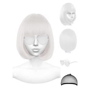 White Wig and Party Sunglasses, Short Bob Wigs with Bangs, Rainbow Wig with Neon Glasses for Women - Bachelorette Party Wigs Decorations Favors(White)
