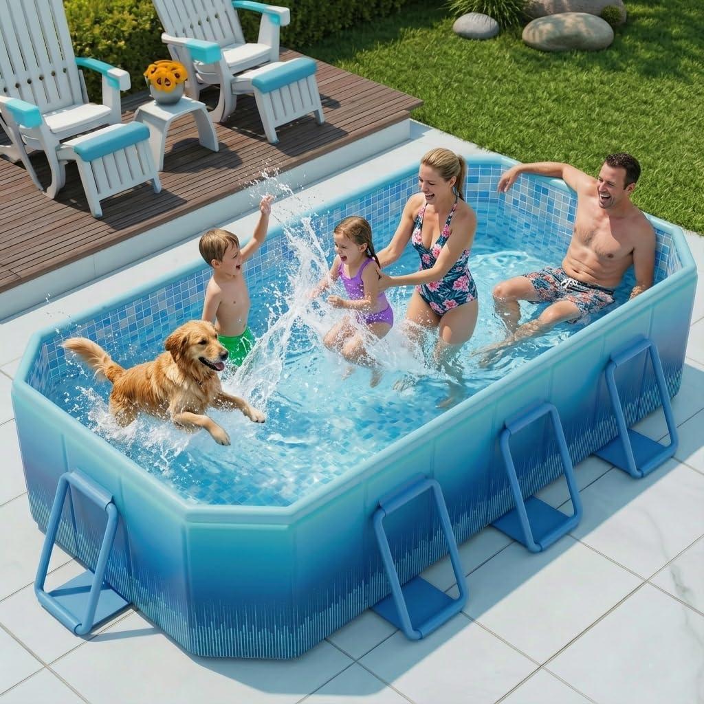 116"×70"×20" Foldable Pool for Kids and Adults,Non-Inflatable Swimming Pool with Metal Frame,Thickened PVC and PP Board Support,Large Stable Collapsible Pool for Family Dogs Backyard Outdoor Blue