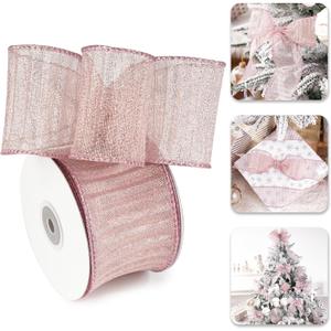 Rose Gold Ribbon Wired 2.5" X 10 Yards Rose Gold Crinkle Metallic Christmas Ribbon for Tree Decoration Gift Wrapping Wreaths Bows Home Decor Garland Swags