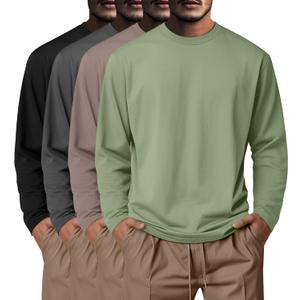 Neer 4 Pack Mens Big and Tall Shirts Cotton Long Sleeve Crewneck Casual Tops Plus Size Basic Tee Shirts Multipack (X-Large, Black, Dark Gray, Khaki, Bean Green)