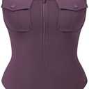 YEOREO CoreFlex Women's Bodysuit with Pocket Sexy Zip up Square Neck Sleeveless Going Out Thong Bodysuit Tops, XL