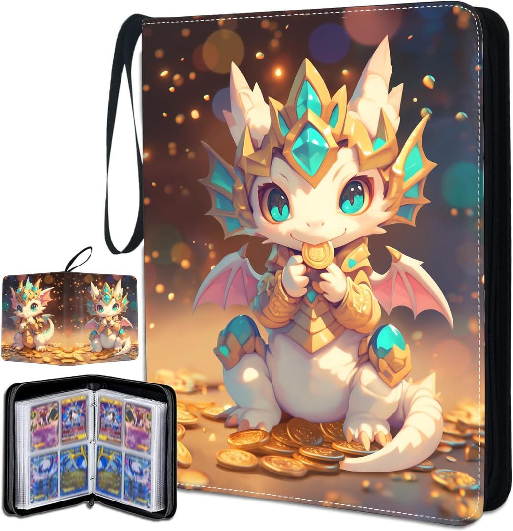 Cute Dragon Trading Card Binder, Card Binder for Girls Boys, Collectible Trading Card Holder for 400 Cards, PU Leather Binders Game Cards Collection Sports Cards Collector Albums with Zipper