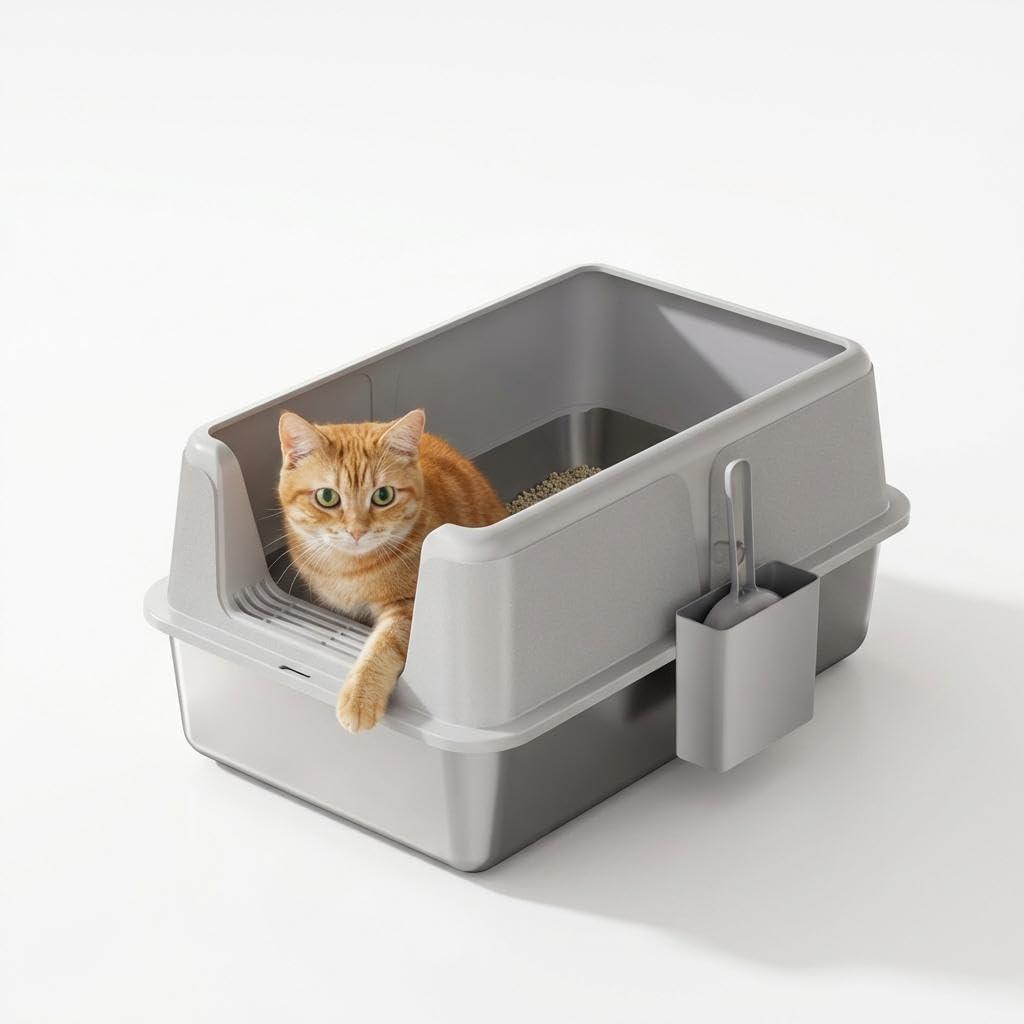 Stainless Steel Cat Litter Box, XL Enclosed Metal Litter Box with Lid & Side Litters Filter, Anti-Leak Non-Stick Design, Includes Scoop for Large Cats 6'' Deep Grey